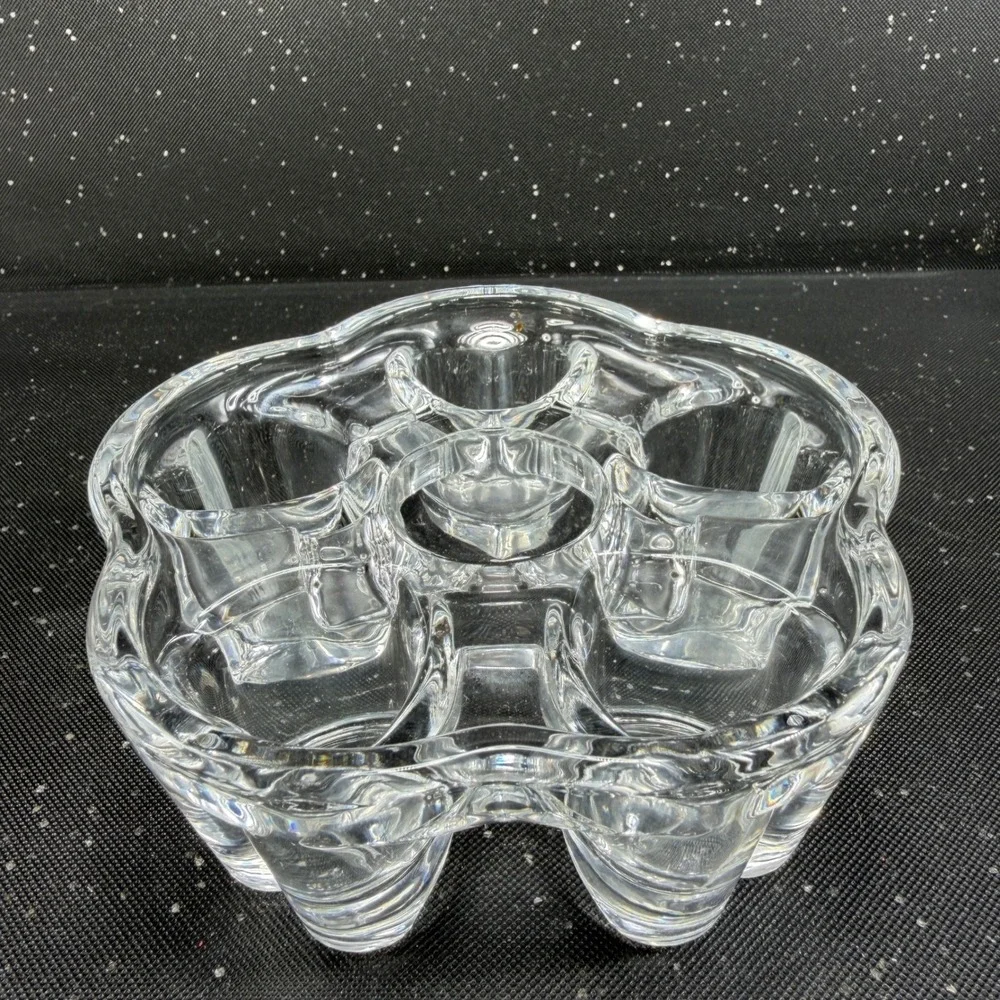 Vintage Clear Glass Heart Flower Votive Candle Holder 5 Well Trinket Dish 5in